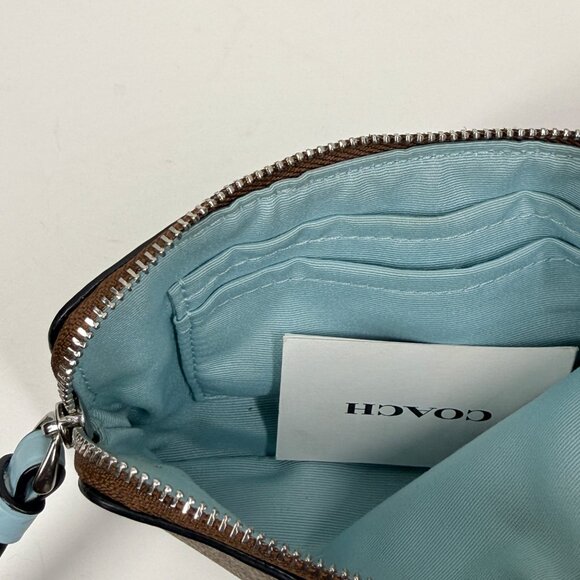 Coach Signature Canvas Corner Zip Wristlet Brown Light Blue Leather Trim - Picture 7 of 8